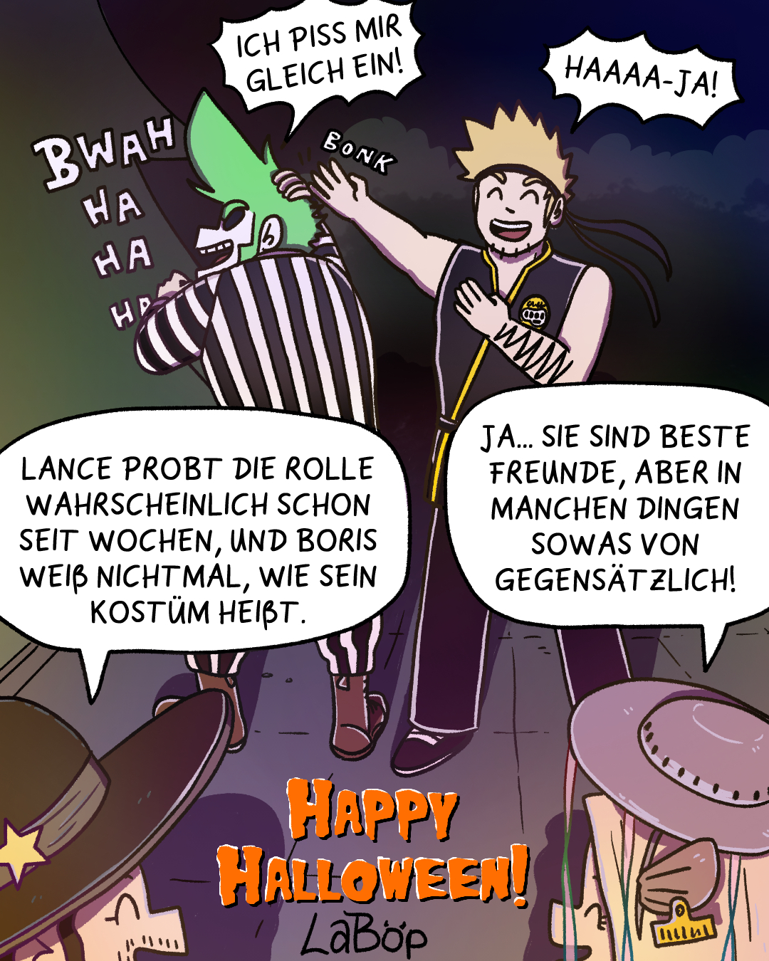 Fanart Beetlejuice: Vivien und Arabella besuchen Lance, der als Beetlejuice verkleidet ist. Boris kommt dazu, der als Johnny Lawrence aus Cobra Kai verkleidet ist. Er glaubt aber, das Kostüm hieße Cobra Kai.